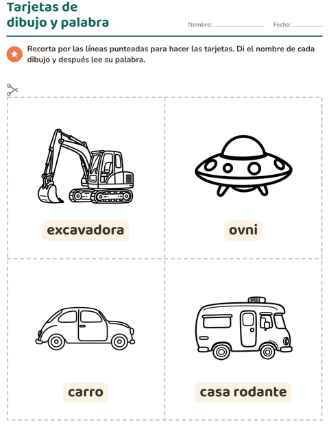 Vista previa de la hoja de Tarjetas de dibujo y palabra con Vehículos BN 2 para jardín infantil