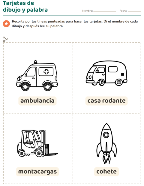 Vista previa de la hoja de Tarjetas de dibujo y palabra con Vehículos BN 3 para jardín infantil