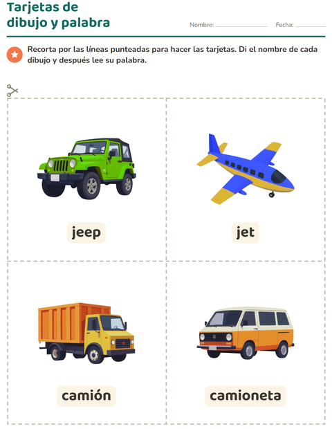 Vista previa de la hoja de Tarjetas de dibujo y palabra con Vehículos para jardín infantil
