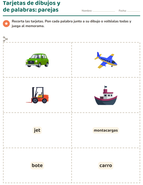 Vista previa de la hoja de Tarjetas de dibujo y palabra con Vehículos para jardín infantil