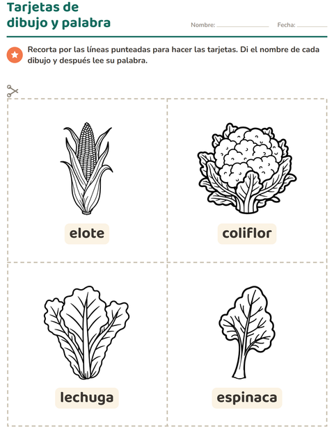 Vista previa de la hoja de Tarjetas de dibujo y palabra con Verduras BN 2 para jardín infantil