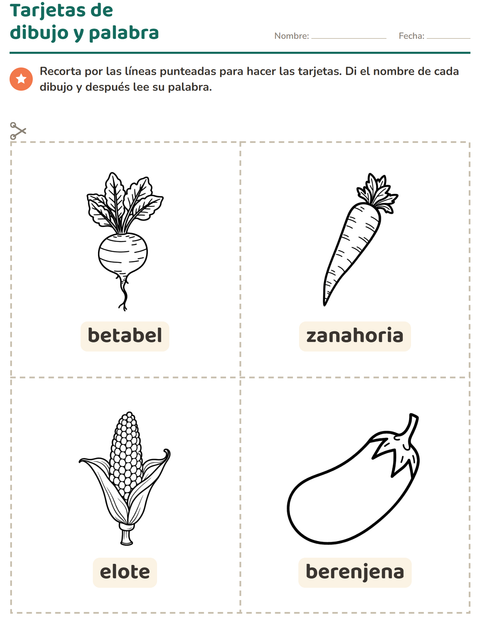 Vista previa de la hoja de Tarjetas de dibujo y palabra con Verduras BN para jardín infantil