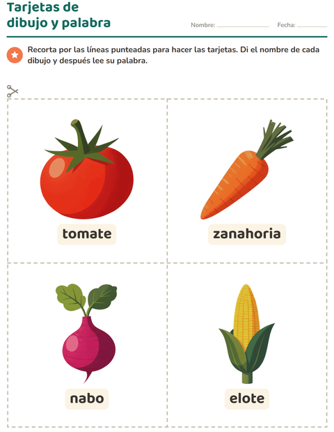 Vista previa de la hoja de Tarjetas de dibujo y palabra con Verduras para jardín infantil