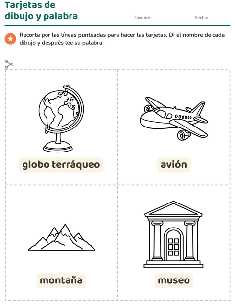 Vista previa de la hoja de Tarjetas de dibujo y palabra con Viajes y Vacaciones BN para jardín infantil