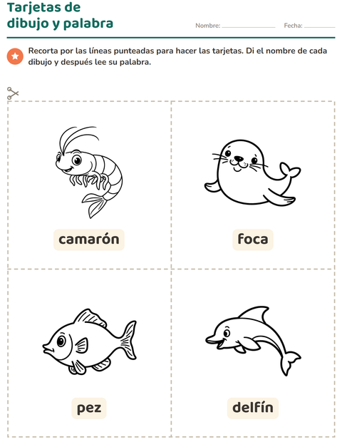 Vista previa de la hoja de Tarjetas de dibujo y palabra con Vida marina BN 2 para jardín infantil
