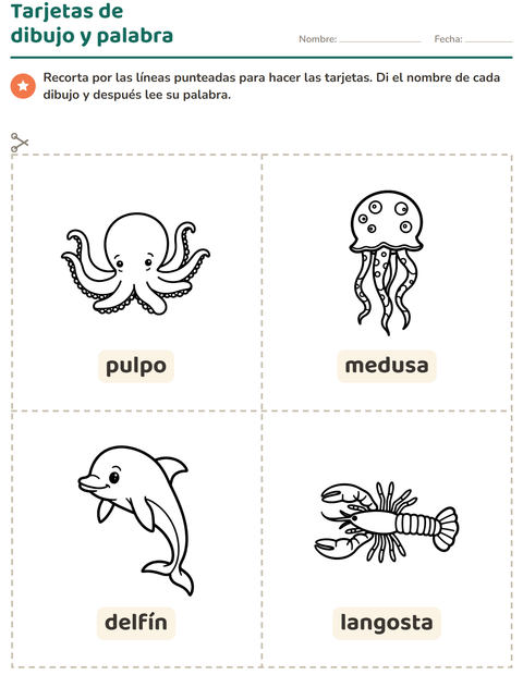 Vista previa de la hoja de Tarjetas de dibujo y palabra con Vida marina BN para jardín infantil