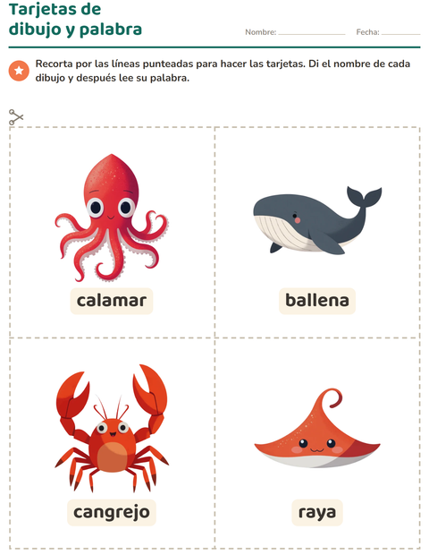 Vista previa de la hoja de Tarjetas de dibujo y palabra con Vida marina para jardín infantil