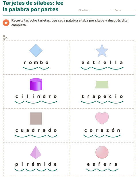 Vista previa de la hoja de Tarjetas de dibujo y palabra con Formas para grado 1