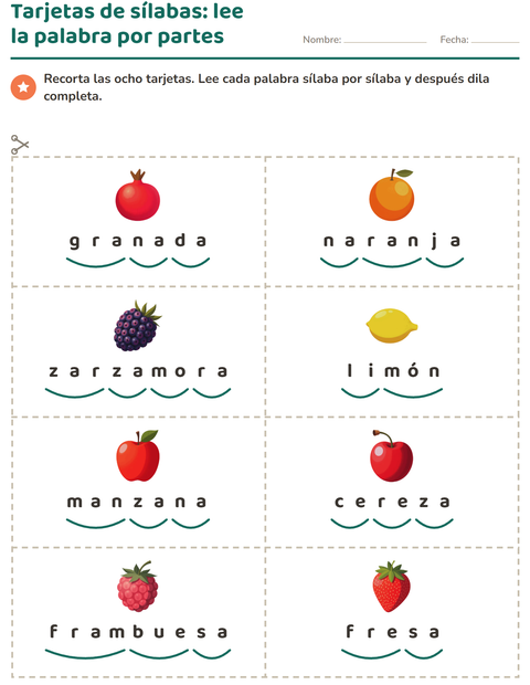 Vista previa de la hoja de Tarjetas de dibujo y palabra con Frutas para grado 1