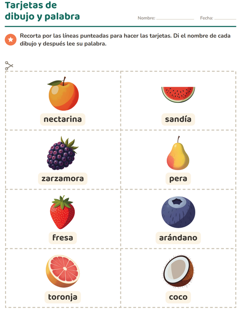 Vista previa de la hoja de Tarjetas de dibujo y palabra con Frutas para jardín infantil