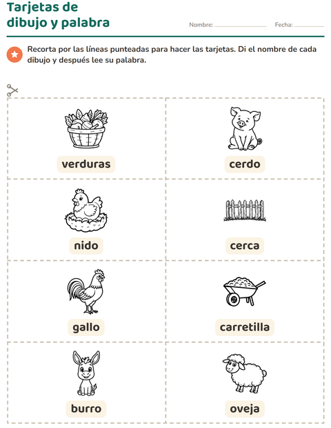 Vista previa de la hoja de Tarjetas de dibujo y palabra con Granja BN para jardín infantil