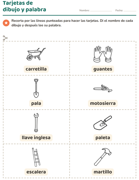 Vista previa de la hoja de Tarjetas de dibujo y palabra con Herramientas BN para jardín infantil
