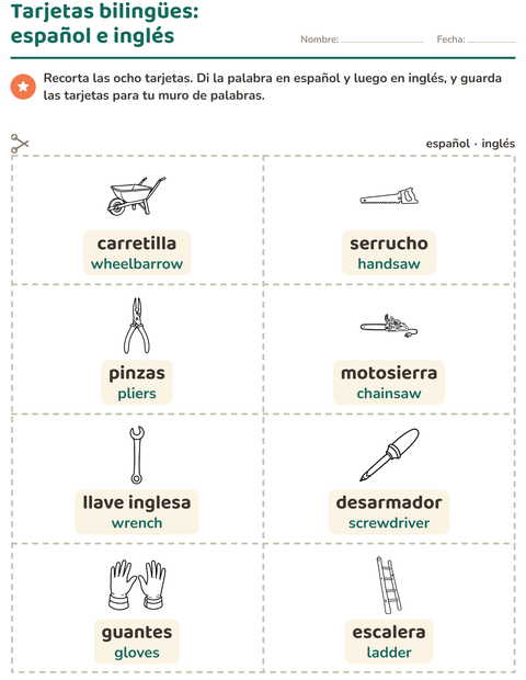 Vista previa de la hoja de Tarjetas de dibujo y palabra con Herramientas BN para jardín infantil