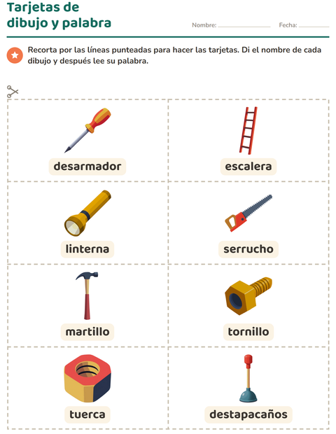 Vista previa de la hoja de Tarjetas de dibujo y palabra con Herramientas para jardín infantil