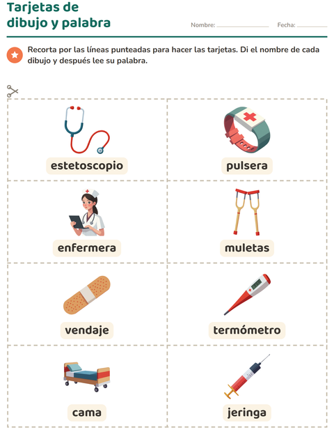 Vista previa de la hoja de Tarjetas de dibujo y palabra con Hospital para jardín infantil