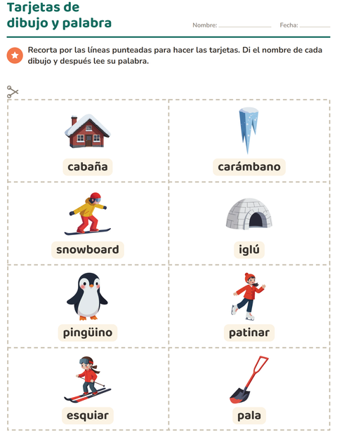 Vista previa de la hoja de Tarjetas de dibujo y palabra con Invierno para jardín infantil