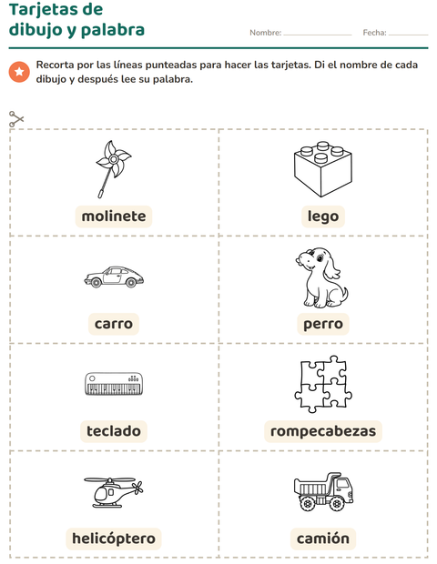Vista previa de la hoja de Tarjetas de dibujo y palabra con Juguetes BN 2 para jardín infantil