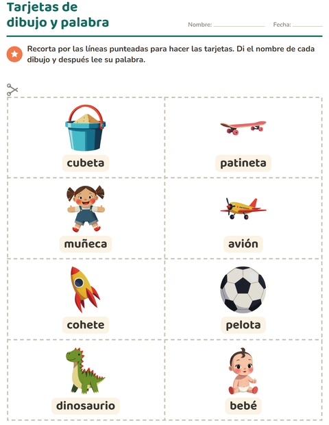 Vista previa de la hoja de Tarjetas de dibujo y palabra con Juguetes para jardín infantil