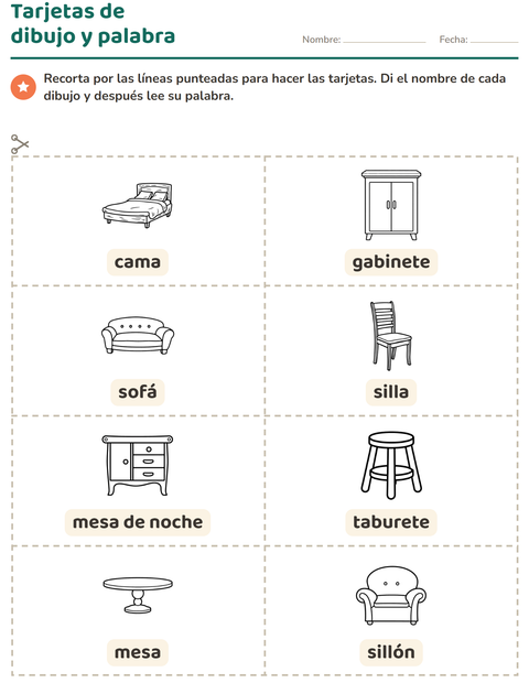 Vista previa de la hoja de Tarjetas de dibujo y palabra con Muebles BN para jardín infantil