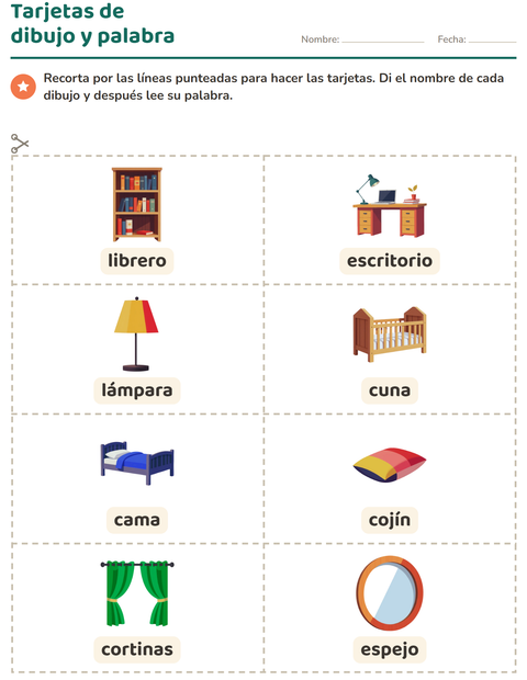 Vista previa de la hoja de Tarjetas de dibujo y palabra con Muebles para jardín infantil