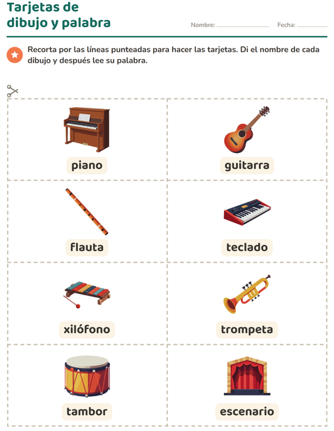 Vista previa de la hoja de Tarjetas de dibujo y palabra con Música para jardín infantil