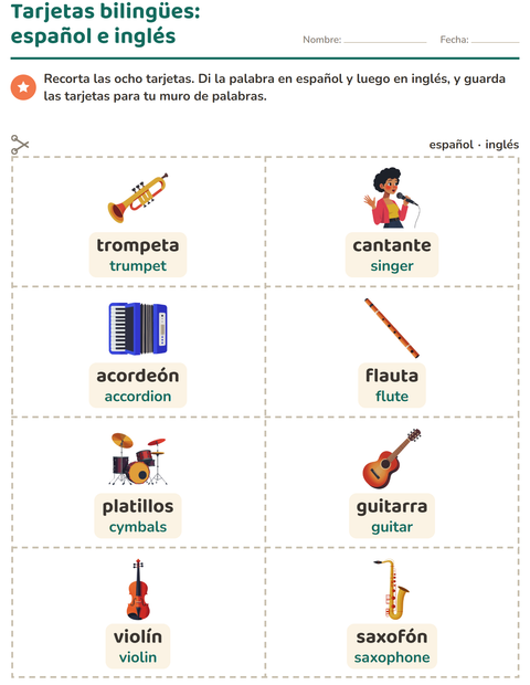 Vista previa de la hoja de Tarjetas de dibujo y palabra con Música para jardín infantil