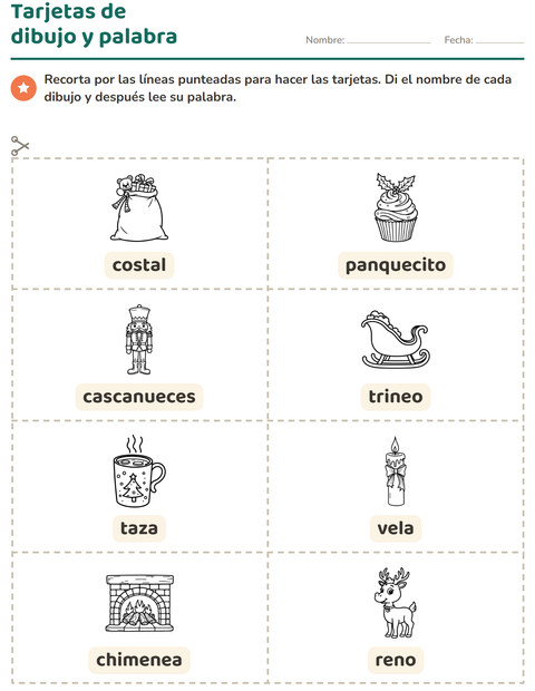 Vista previa de la hoja de Tarjetas de dibujo y palabra con Navidad B&N 2 para jardín infantil