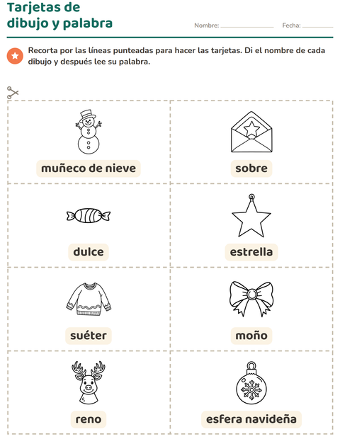 Vista previa de la hoja de Tarjetas de dibujo y palabra con Navidad B&N para jardín infantil