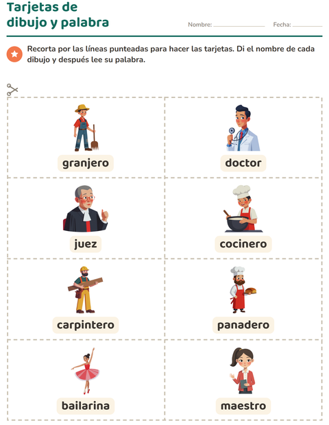 Vista previa de la hoja de Tarjetas de dibujo y palabra con Ocupaciones para jardín infantil