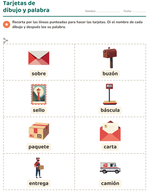 Vista previa de la hoja de Tarjetas de dibujo y palabra con Oficina de correos para jardín infantil