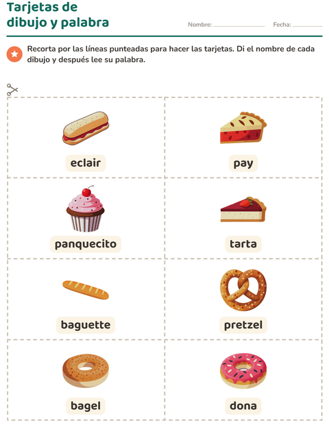 Vista previa de la hoja de Tarjetas de dibujo y palabra con Panadería para jardín infantil