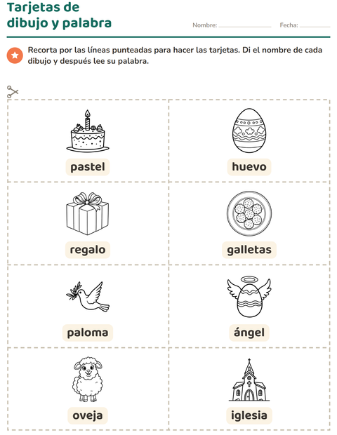Vista previa de la hoja de Tarjetas de dibujo y palabra con Pascua BN 2 para jardín infantil