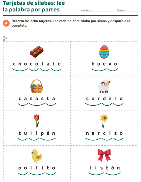 Vista previa de la hoja de Tarjetas de dibujo y palabra con Pascua para grado 1