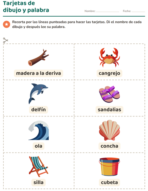 Vista previa de la hoja de Tarjetas de dibujo y palabra con Playa para jardín infantil