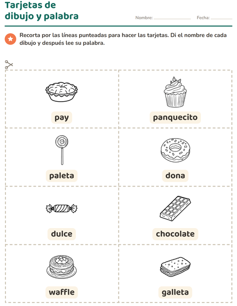 Vista previa de la hoja de Tarjetas de dibujo y palabra con Postre (B/N) para jardín infantil