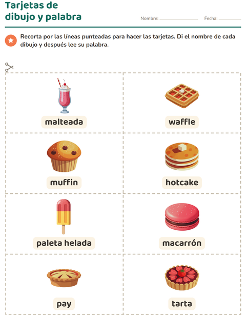 Vista previa de la hoja de Tarjetas de dibujo y palabra con Postres y dulces para jardín infantil