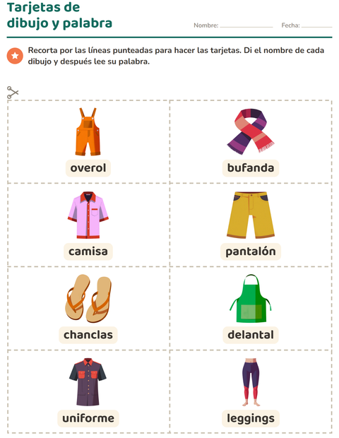 Vista previa de la hoja de Tarjetas de dibujo y palabra con Ropa para jardín infantil