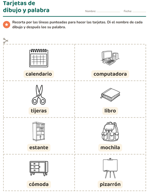 Vista previa de la hoja de Tarjetas de dibujo y palabra con Salón de clases 2 (B/N) para jardín infantil