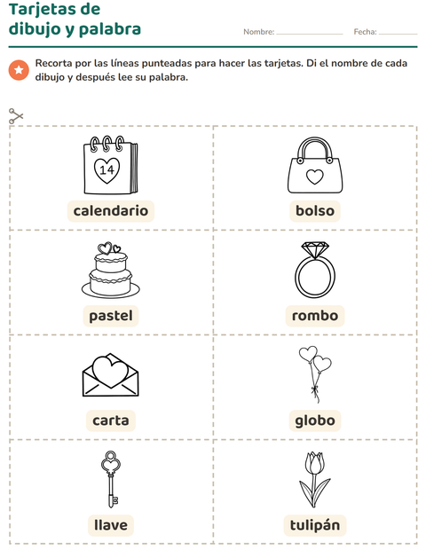 Vista previa de la hoja de Tarjetas de dibujo y palabra con San Valentín BN 2 para jardín infantil