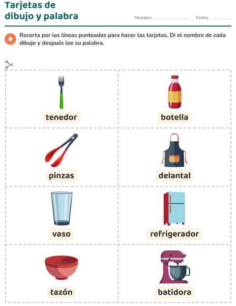Vista previa de la hoja de Tarjetas de dibujo y palabra con Utensilios de cocina para jardín infantil