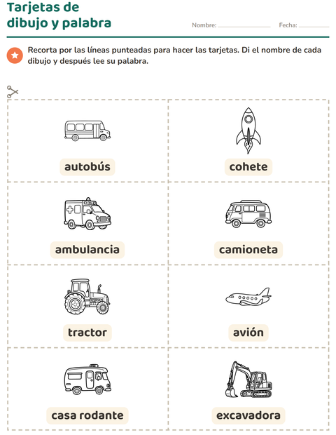 Vista previa de la hoja de Tarjetas de dibujo y palabra con Vehículos BN 2 para jardín infantil