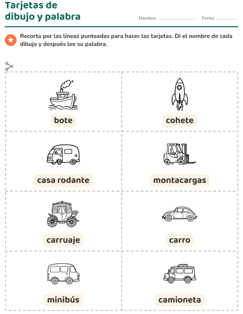 Vista previa de la hoja de Tarjetas de dibujo y palabra con Vehículos BN 3 para jardín infantil