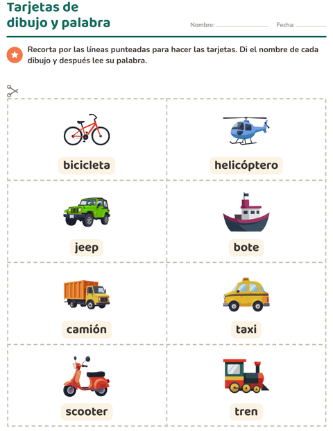 Vista previa de la hoja de Tarjetas de dibujo y palabra con Vehículos para jardín infantil
