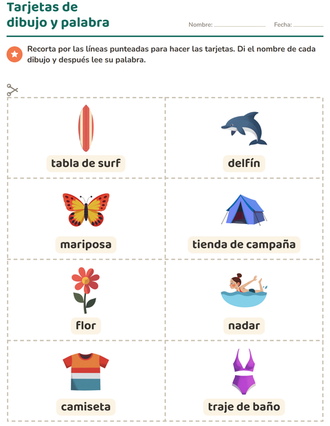 Vista previa de la hoja de Tarjetas de dibujo y palabra con Verano para jardín infantil