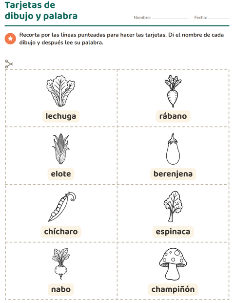 Vista previa de la hoja de Tarjetas de dibujo y palabra con Verduras BN 2 para jardín infantil