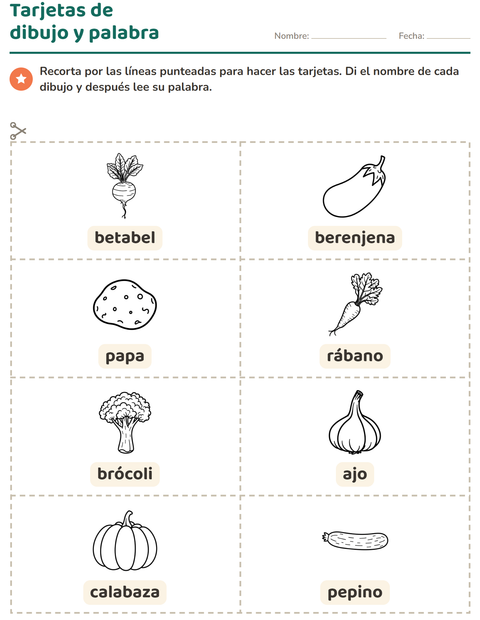 Vista previa de la hoja de Tarjetas de dibujo y palabra con Verduras BN para jardín infantil