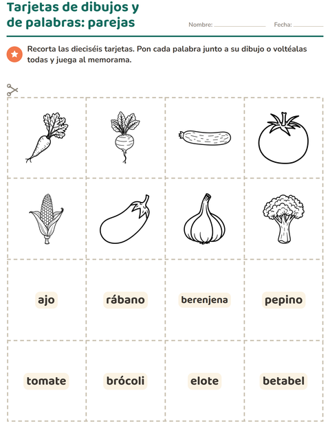 Vista previa de la hoja de Tarjetas de dibujo y palabra con Verduras BN para jardín infantil