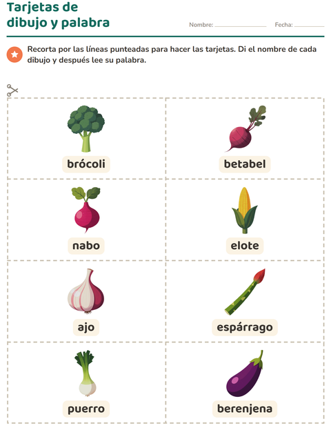 Vista previa de la hoja de Tarjetas de dibujo y palabra con Verduras para jardín infantil