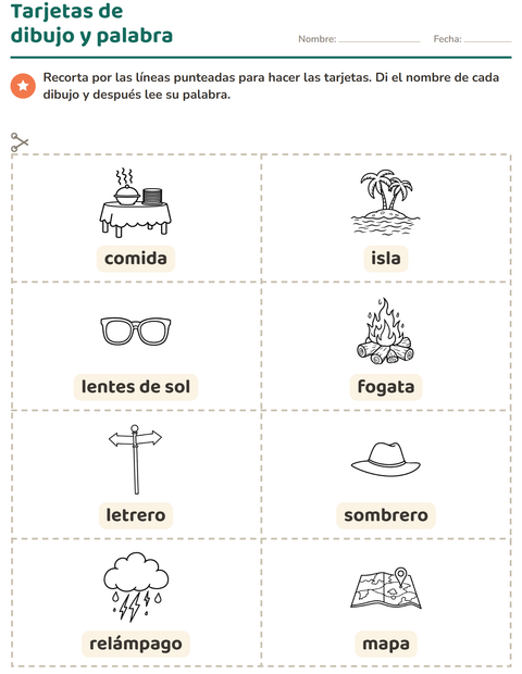Vista previa de la hoja de Tarjetas de dibujo y palabra con Viajes y Vacaciones BN para jardín infantil