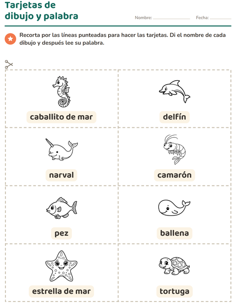 Vista previa de la hoja de Tarjetas de dibujo y palabra con Vida marina BN 2 para jardín infantil